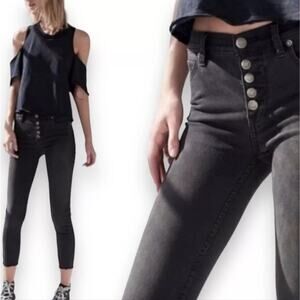 Free People Black Stella Exposed Button Fly Raw Hem Mid Rise Denim Jeans 27
